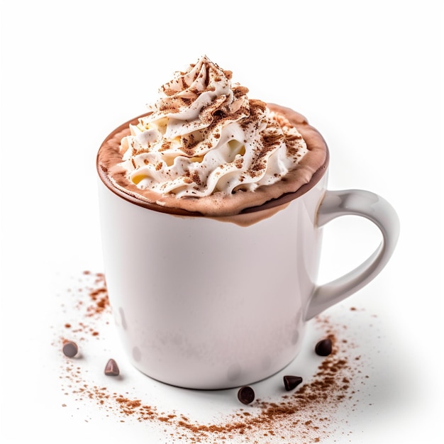 A white mug with hot chocolate and chocolate on it.