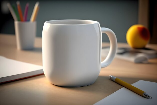 A white mug with a lemon in the background