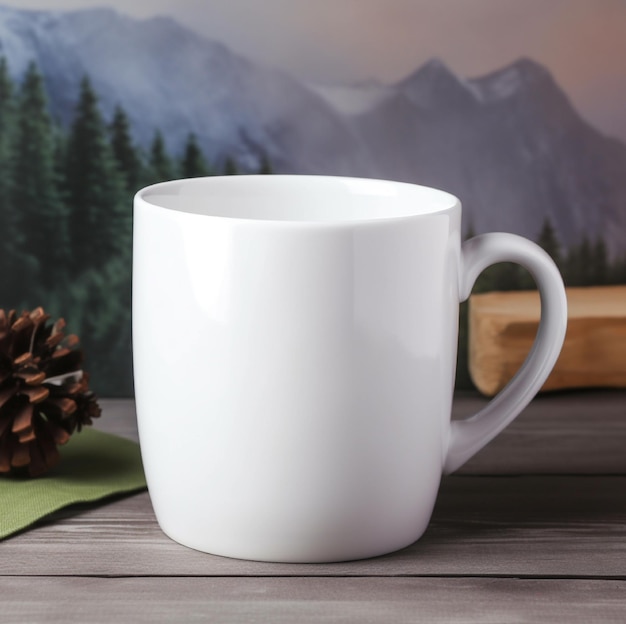 A white mug with a pine cone next to it