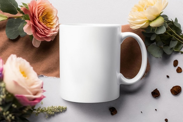 A white mug with a pink background and a bunch of flowers on it.