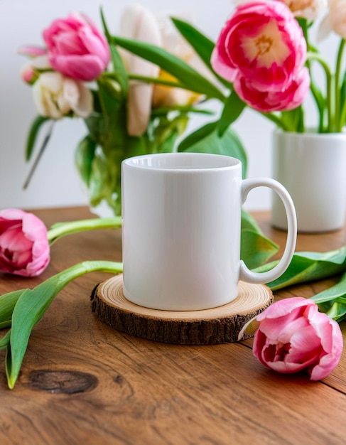 a white mug with pink flowers and a pink tulip in the middle