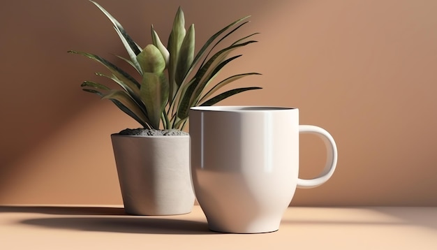 A white mug with a plant in it