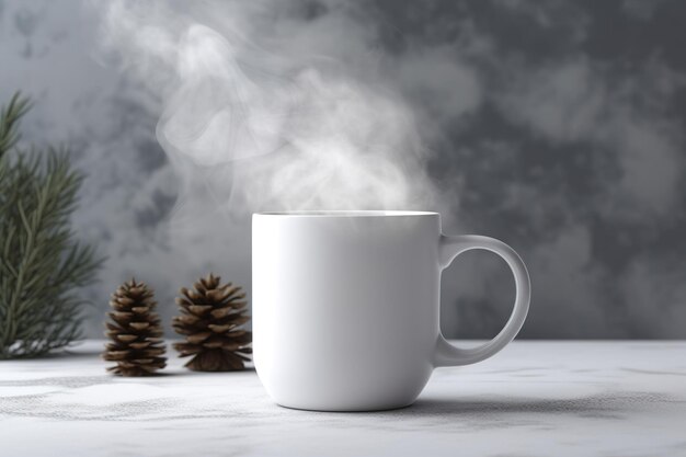 A white mug with a steam coming out of it.