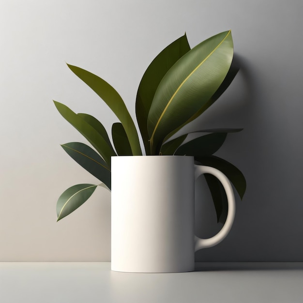 White mug with tropical leaf on the table for mockup