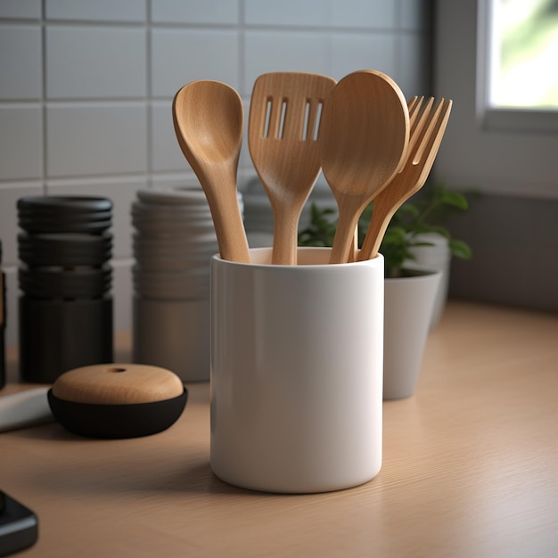 A white mug with wooden spoons and a plant on the side.