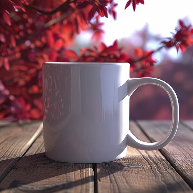 White mug on a wooden table with autumn leaves in the background