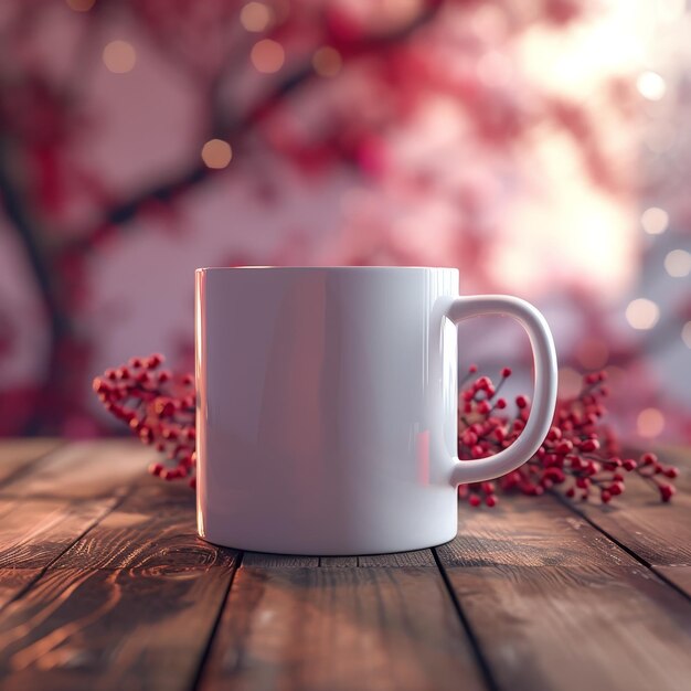 White mug on wooden table with blurred floral background