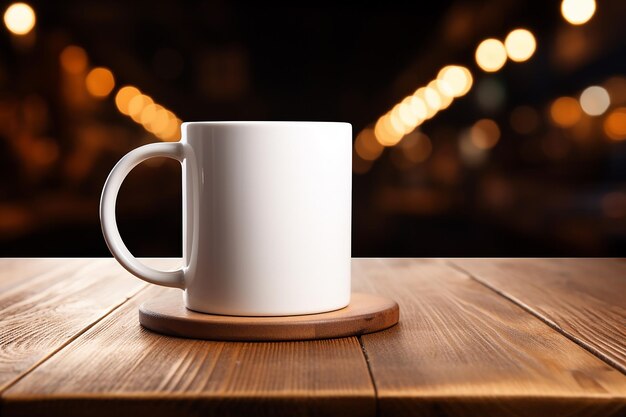 a white mug on a wooden table with lights in the background