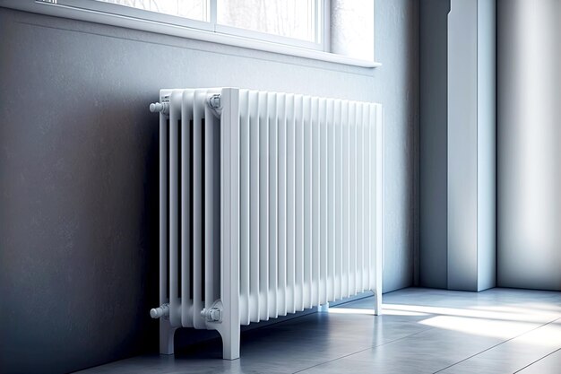 Photo white multisection heating radiator on legs near the wall