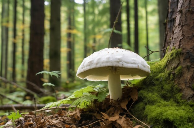 White mushroom resting near tree on the ground in forest