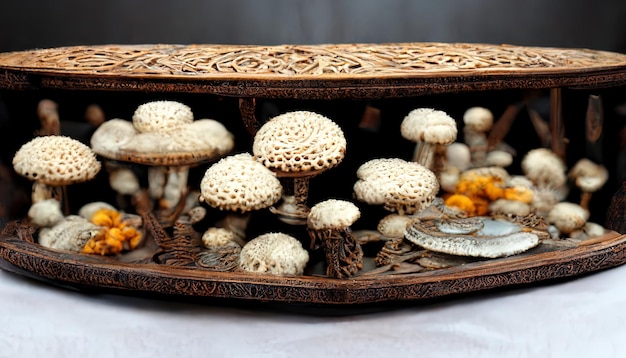 White mushrooms in a metallic tray on a wooden platter Generative Ai