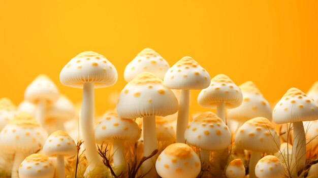 White mushrooms on yellow background