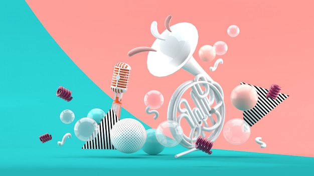 White musical instruments amid colorful balls on blue and pink. 3d render.