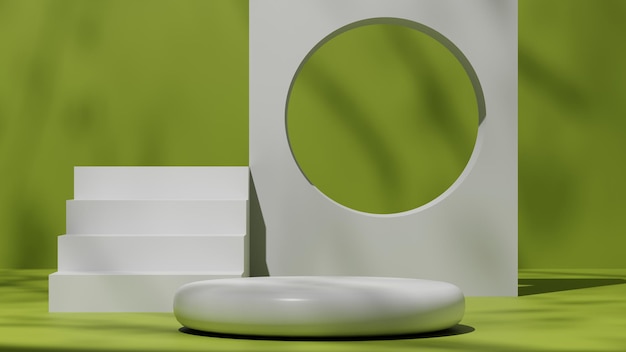 녹색 배경이 있는 흰색 천연 받침대 또는 연단, 제품 쇼케이스용 빈 플랫폼, 3D 렌더