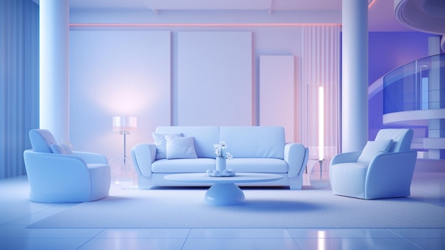 흰색 네온 불빛 미래 지향적인 거실 인테리어 디자인 AI 생성 예술