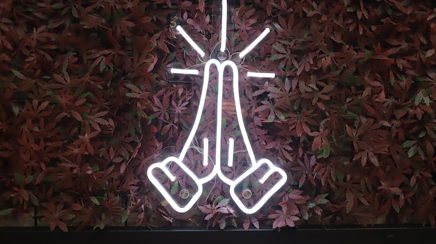 White neon sign that says praying hands on a flower wall background, front view.