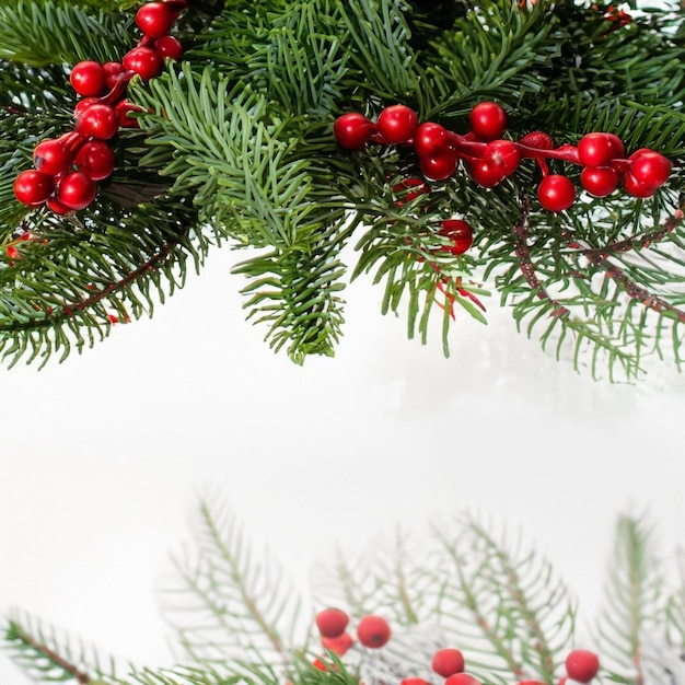 White new year background pine with red berries green tree