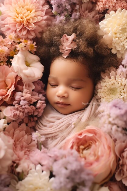 White newborn Girl in center of the flowers