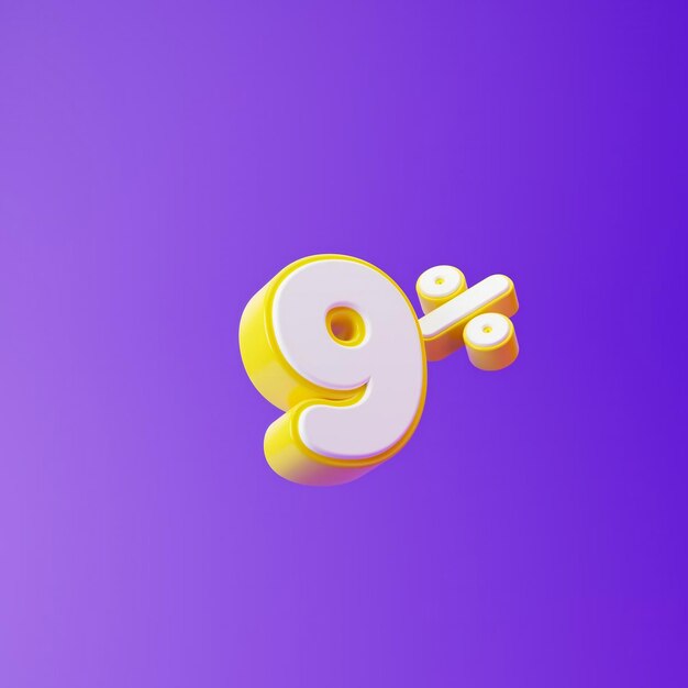 White nine percent or 9 with yellow outline isolated over purple background 3d rendering