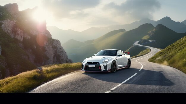 A white nissan gt - r is driving on a winding road.