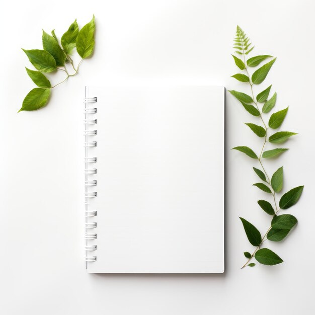 White notebook with leaves on a white background