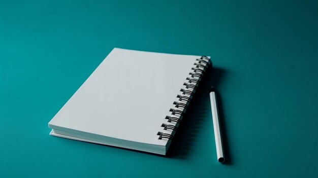 A white notebook with a pen on it sits on a teal table.