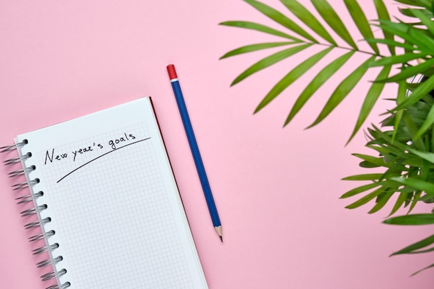 White notebook with the phrase new year's goals with blue and red pencil on a pink background with some green leaves on the right