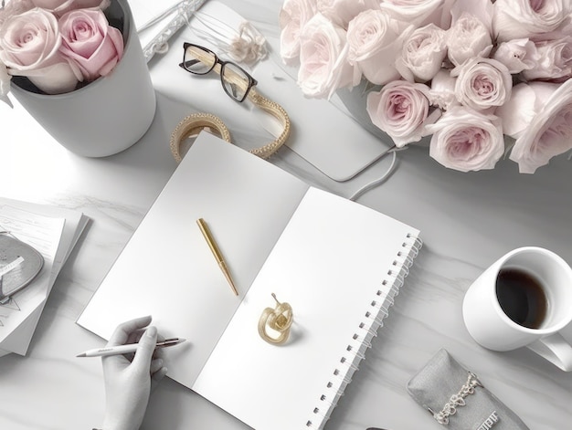 Белая тетрадка с розовой ручкой сидит на столе рядом с чашей кофе и букетом роз.