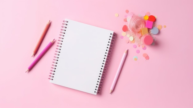 ピンクの背景にピンクの鉛筆とピンクのペンが付いた白いノート