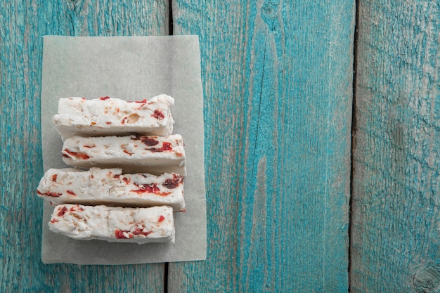 White nougat on wooden table