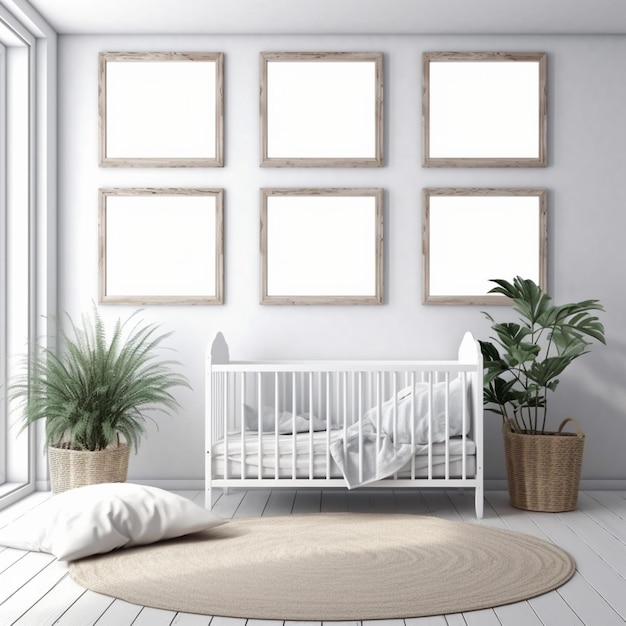 A white nursery with a crib and a plant in it.