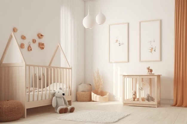 A white nursery with a white crib, a bear, a house, and a wooden table.