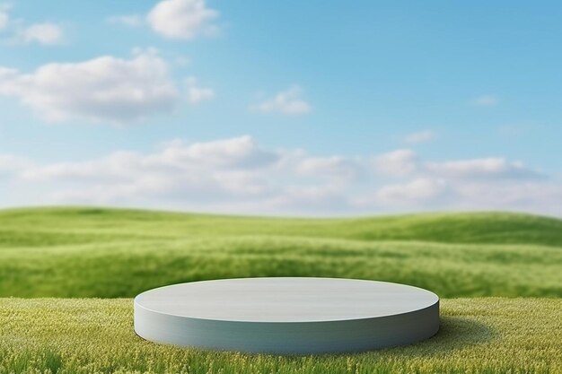 a white object in the grass with a blue sky and clouds in the background.