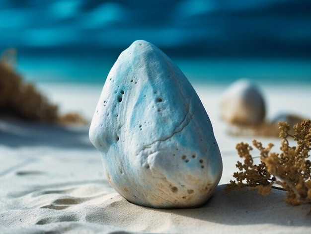 Белый объект находится в песке на тропическом пляже