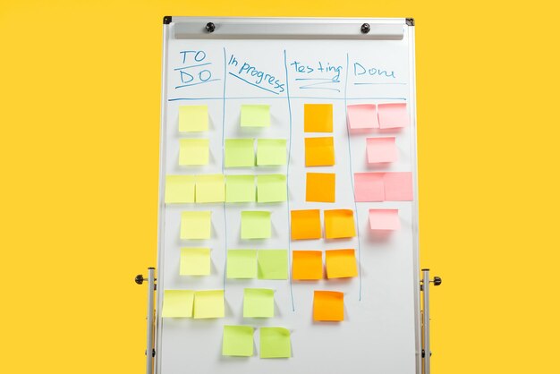 Photo white office board with sticky notes isolated on yellow