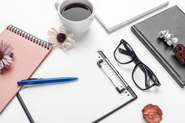 White office desk table, business and education concept