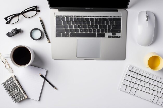 White office desk table with blank notebook computer keyboard and other office supplies Top view with copy space flat lay