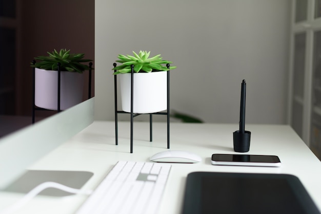 White office desk table with computer keyboard, mouse, monitor, graphic tablet, smartphone, succulent plant and other office supplies.