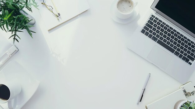 White office desk table with laptop computer cup of coffee and other office supplies Generative AI