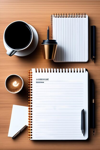 White office desk with blank spiral notebook pen cup of coffee and a cactus Flat lay