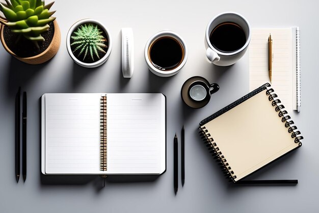 White office desk with blank spiral notebook pen cup of coffee and a cactus Flat lay