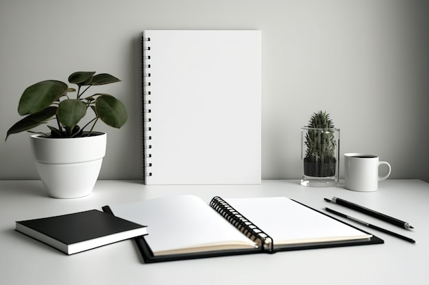 White office desk for work accessories a notebook and a photo frame in front Text area copy space and mockup