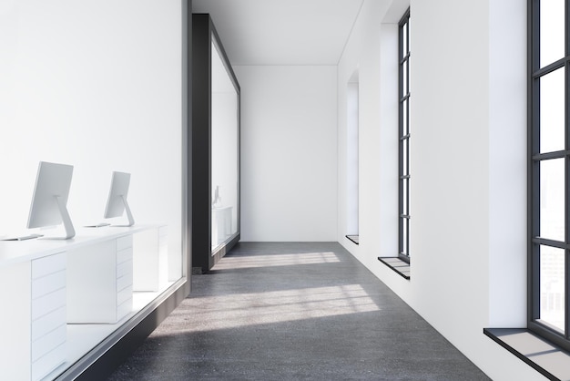 Foto ingresso bianco per ufficio con pavimento in cemento, porte in vetro e bianche e grandi finestre. rendering 3d simulato