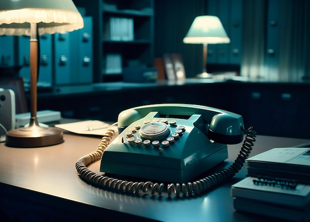 A white office phone is sitting on top of a desk