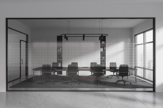 White office room interior with table and armchairs panoramic window