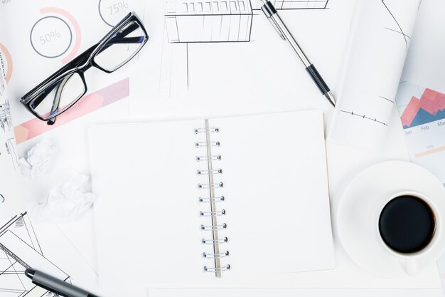 White office table with various items