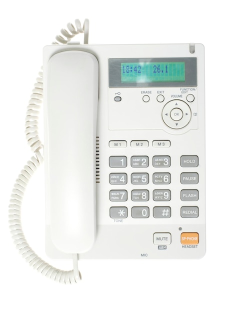 Белый офисный телефон на белом фоне