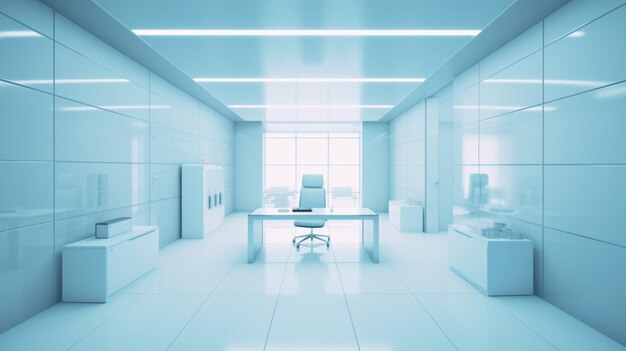 A white office with a blue background and a white desk with a white chair.