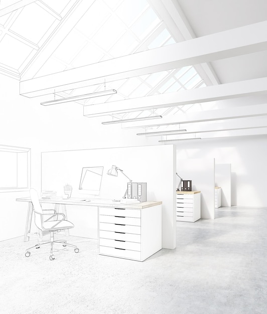 White office with cubicles in the attic