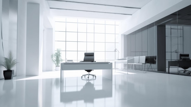 A white office with a large window and a desk with a chair in front of it.